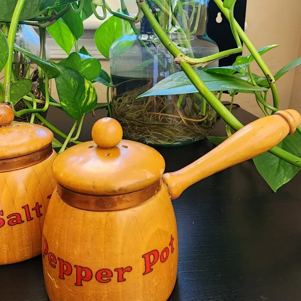 Vintage Salt Pot & Pepper Pot Handled Copper Accent MCM Wood Shakers